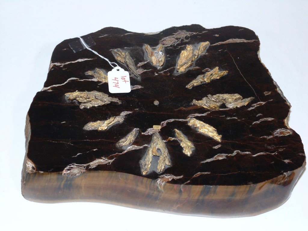 A Fine Early Gilbert Albert Gold Stone Clock: A Fine Early Gilbert Albert Gold Stone Clock. A fine signed Gilbert Albert clock with brutal gold plated over bronze??numbers. Clock is made from some type of stone or petrified wood??. Clock has no m