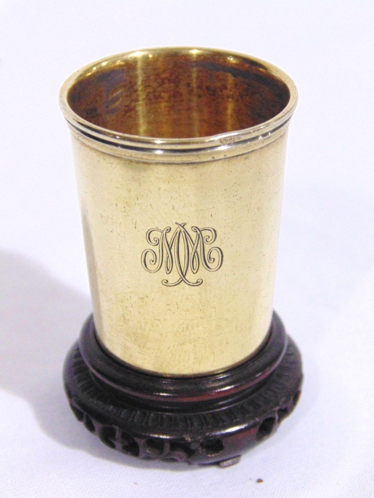19th C. French Gilt Silver Small Beaker,G.Keller Paris: 19th C. French Gilt Silver Small Beaker,G.Keller Paris. Great small gilt silver beaker / cup standing 1 1/4" tall.Hallmarked GK on base.In a fitted Chinese wood carved stand. From the Estate of Neil L
