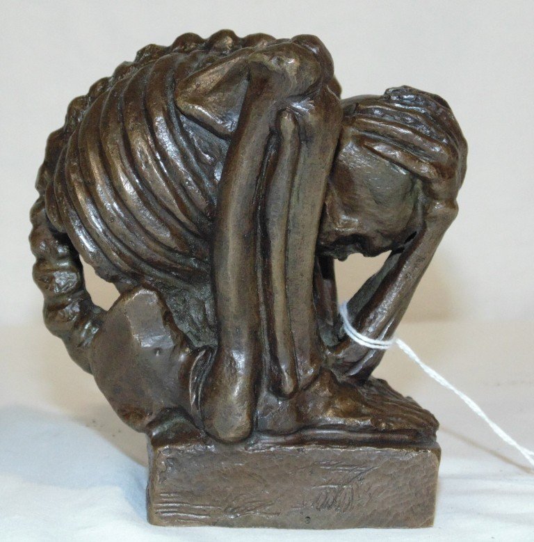 Fine Early Momento Mori Signed Bronze Skeleton: Fine Early Momento Mori Signed Bronze Skeleton. A fine detailed bronze of a Skeleton seated with his arms covering his head.Signed on back Ernest Moule Negro ???,Bronze is app.4 1/2" tall and app.3 3/