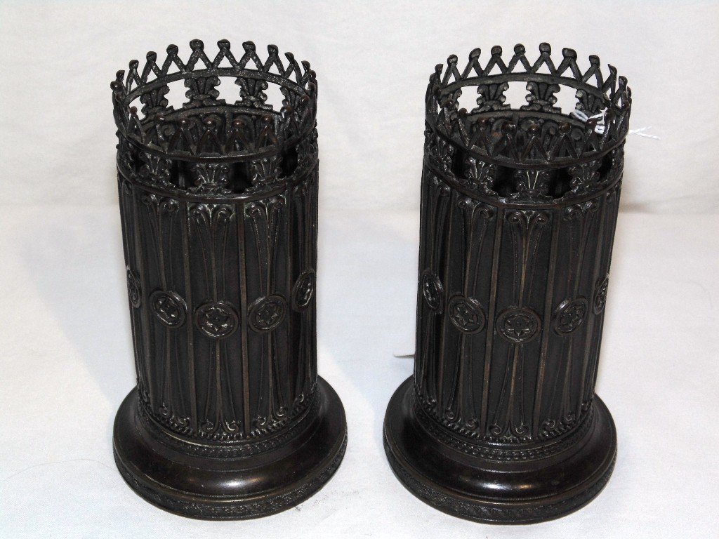 Pair of Fine 19th C. Gothic Revival Bronze Pen Holders: Pair of Fine 19th C. Gothic Revival Bronze Pen Holders. Each being 5" tall on a round 2 3/4" base. Source:Estate of Paul Sowers,Palm Beach. From the Estate of Neil Letson.