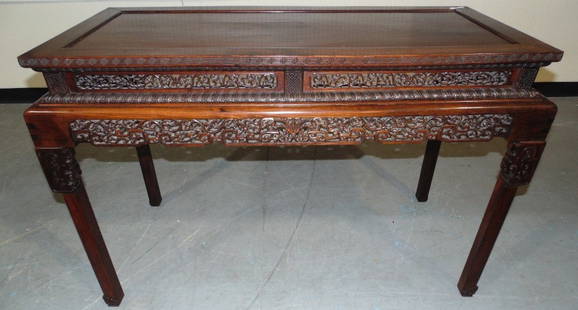 Very Fine 19th C. Carved Chinese Altar Table,Rosewood/Z: Very Fine 19th C. Carved Chinese Altar Table,Rosewood. This is a very fine carved table with fine carving of scrolling design with flower's,Resting on four carved legs,each is set to base with pins/we