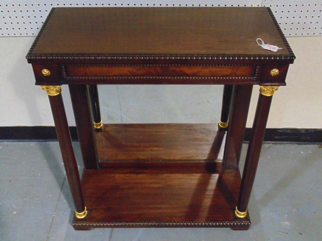 Early Mahogany Gilt Mirrored Back Console Table: Early Mahogany Gilt Mirrored Back Console Table. Great mirrored back console table standing app.33 1/2" tall,29" wide and 13" deep.With two column supports at front. From the Estate of Neil Letson