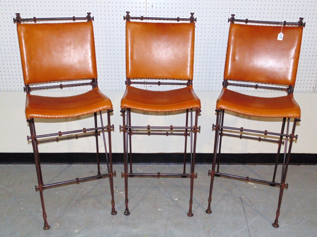 3 Super Mid C. Modern Iron & Leather Bar Stools: 3 Super Mid C. Modern Iron & Leather Bar Stools.Great set of three with a fine wrapped leather seats and backs.Made from a twisted iron re-bar with a fine wire wrap to the iron support going to legs.E