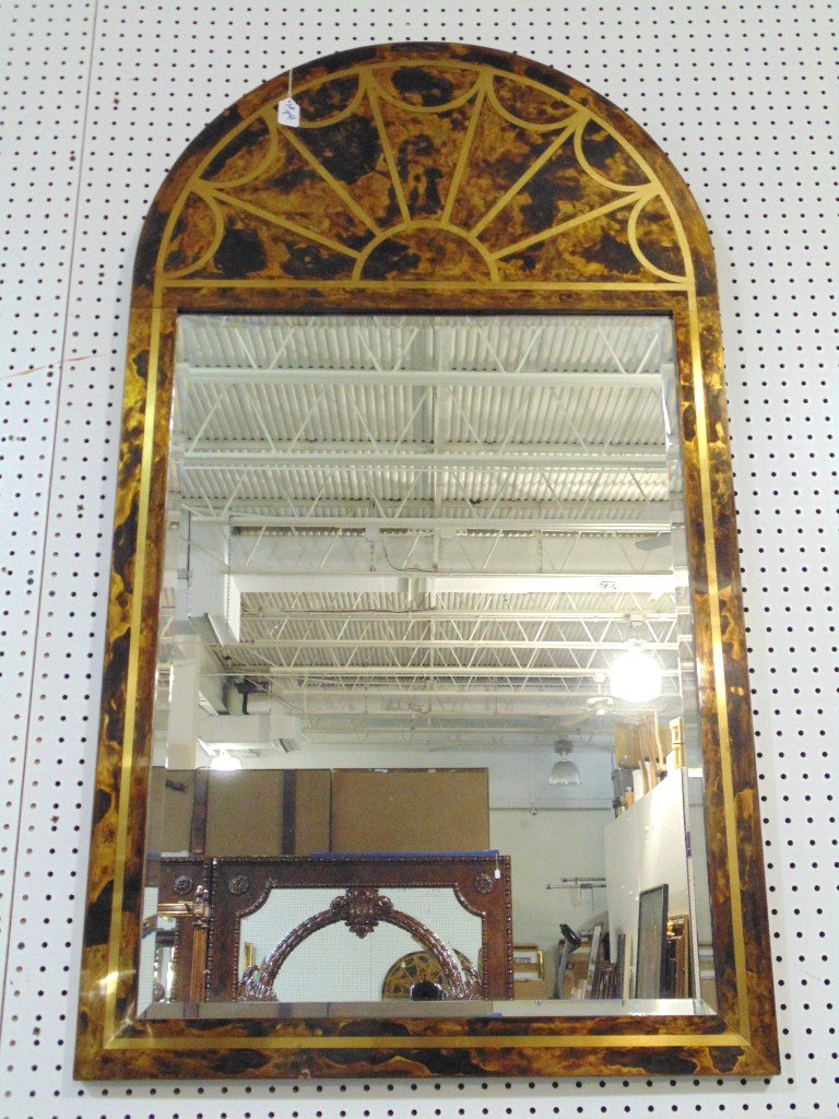 Mid C. Modern Brass Tortoise Shell Mirror by La Barg: Mid C. Modern Brass Tortoise Shell Mirror by LaBarg,A fine domed top mirror with a fine brass inlaid with a brass Tortoise shell style decoration.Mirror is app.4'4" tall and 29 1/2" wide.