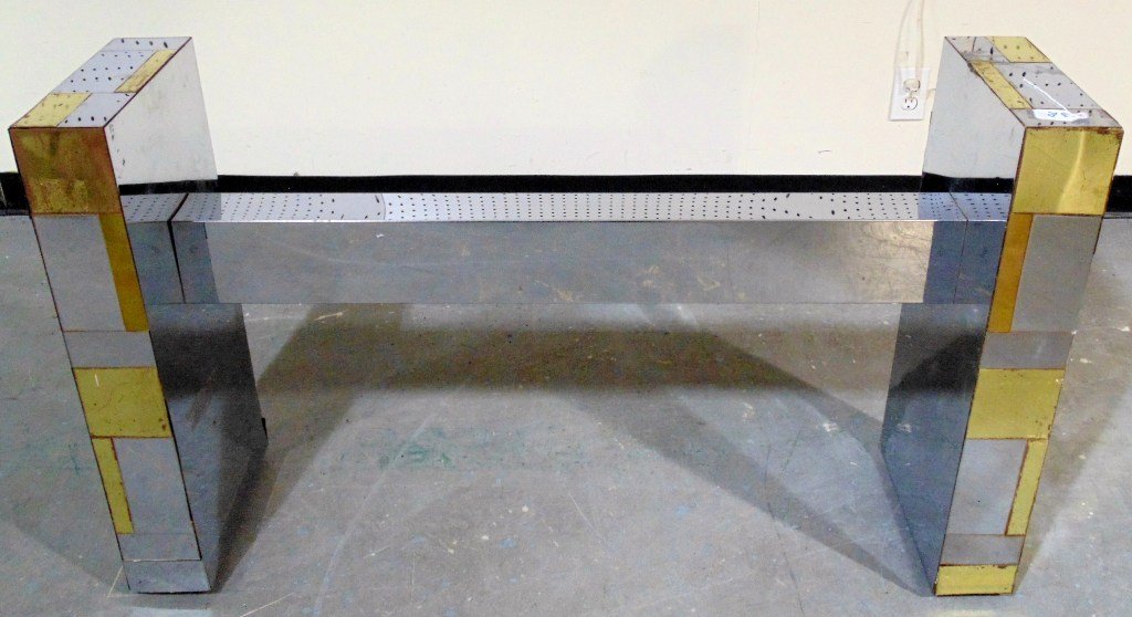 Mid C. Modern "City Scape " Console Table "Paul Evans": Mid C. Modern "City Scape " Console Table "Paul Evans".Not signed and in the manner of Paul Evans style City Scape design pcs..This console has no glass and is app.26 3/4" tall,46 1/4" long and 12 1/4