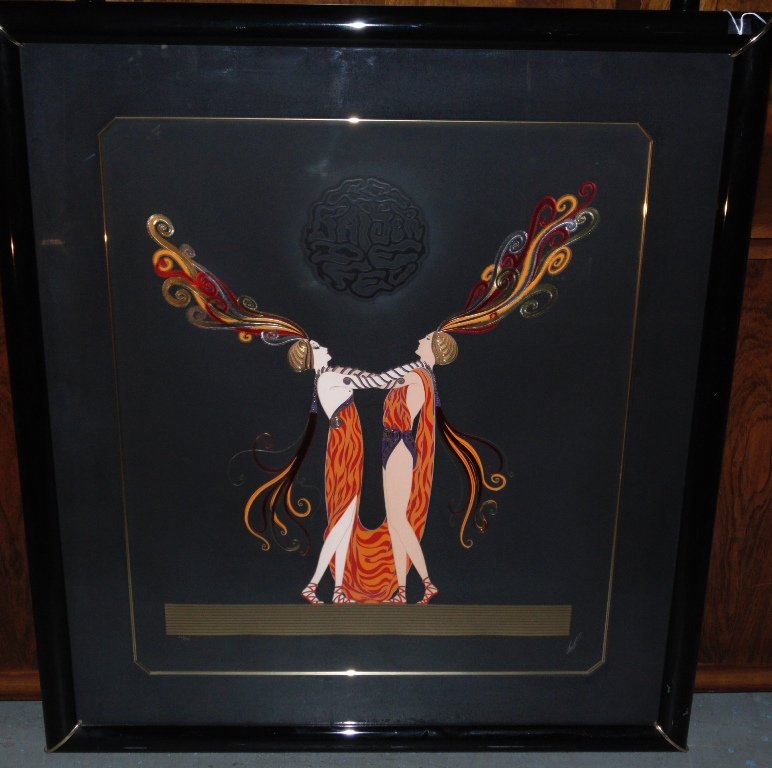 ERTE (French 1892-1990) SERIGRAPH 1983: This lot is for a 1983 serigraph by French artist ERTE (1892 - 1990). It is from the Love and Passion suite and titled The Kiss of Fire. It is signed and # 293/300. The size is 33" high x 28" wide, fr