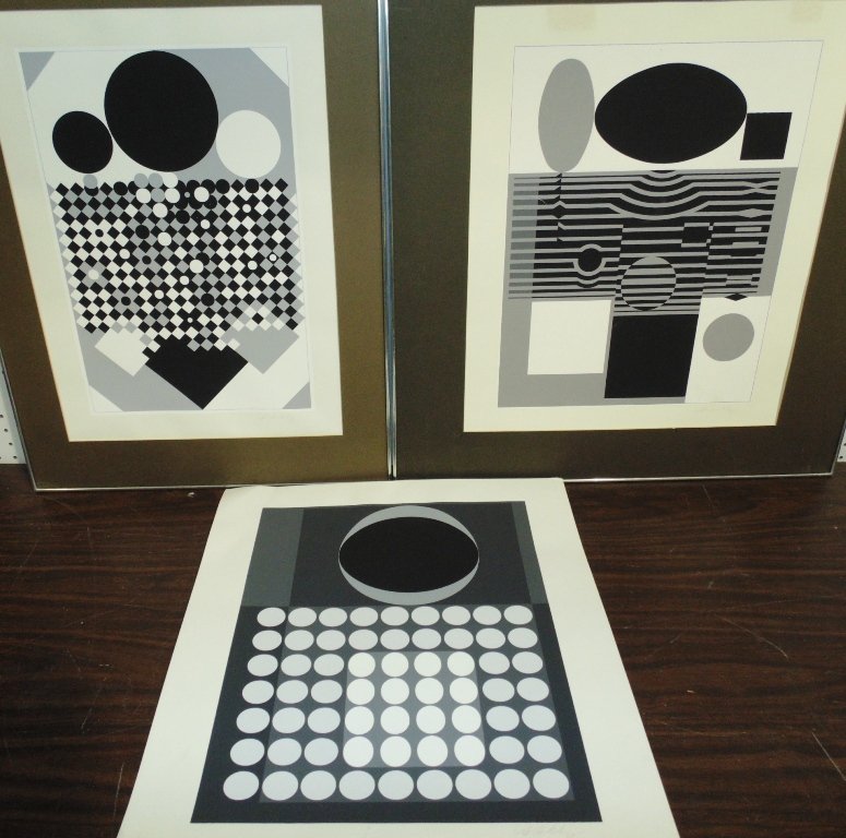 3 VICTOR VASARELY (French 1906-1997) signed SCREENPRINT: This lot is for 3 back and white screenprints by French artist Victor Vasarely (1906 - 1997). 2 are framed and one is a loose sheet. The loose one image is 18" high x 14 3/4" wide, and the sheet size