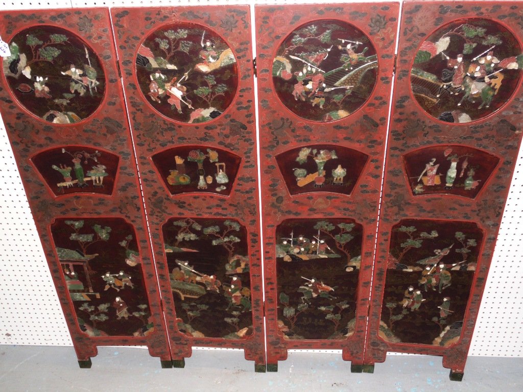 19th C.CHINESE LACQUER AND HARDSTONE 4 PANEL SCREEN: This lot is for an fine 19th C. Chinese lacquer, jade, ivory, hardstone and mother of pearl 4 panel screen. Eah panel has 3 vignettes depicting Chinese life. It is 55" high and each panel is 14 3/4" w
