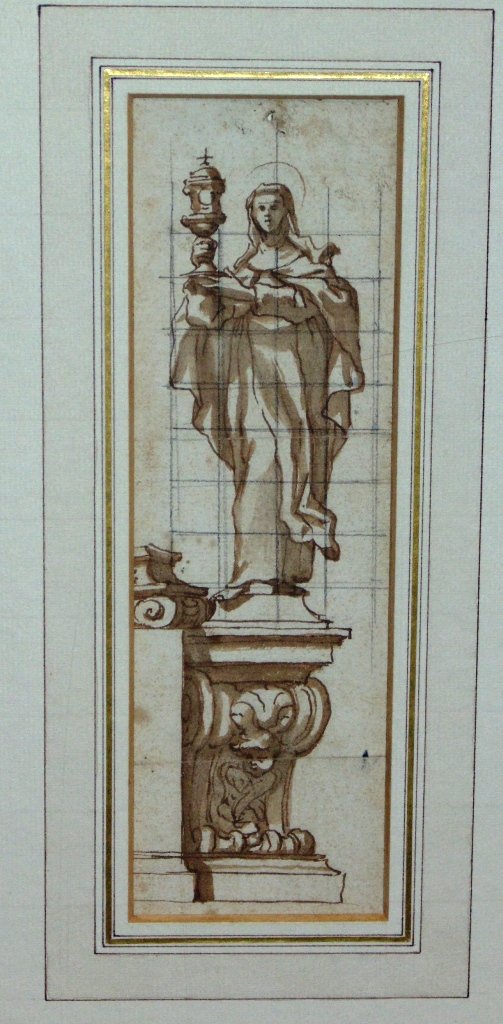 18th/19th C. OLD MASTER ARCHITECTURE DRAWING: This lot is for a 18th/19th C. European Old Master architectural drawing. It depicts a Religious figure holding a chalice on a pedestal. It is 8 1/2" x 2 5/8" (sight) and framed it is 19" x 13" Proven
