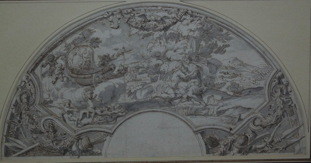 18th/19th C. OLD MASTER ARCHITECTURAL DRAWING: This lot is for a 18th/19th C. European Old Master drawing in brown ink and grey wash. It is in arch form depicting a romantic couple in a landscape with winged cherubs. It is 12" x 6" (sight). Framed