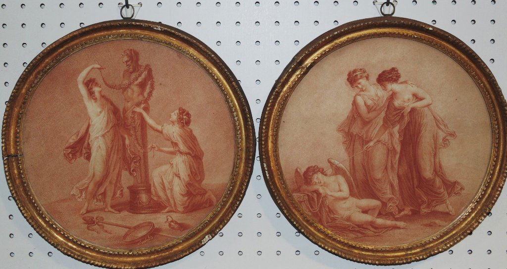 PR. 1776 CLASSICALSANGUINE ENGRAVINGS: This lot is for a pair of 1776 classical sanguine engravings. Remnants of original tag (see photo) has the tile: "Olim Truncus Eram Ficulnus Inutile Lignum". Each is 10 3/4" diameter (sight). Framed 1