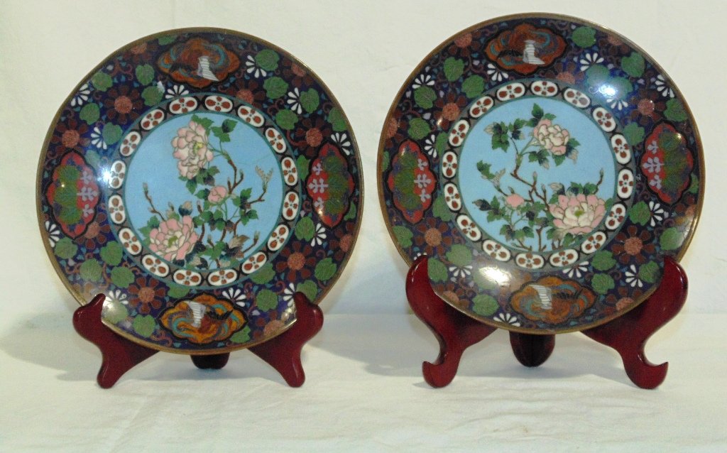 Pair of Fine Early Chinese Cloisonne 9 1/2" Chargers: Pair of Fine Early Chinese Cloisonne 9 1/2" Chargers .Each has a fine decoration of flowers and birds.Back of each has a fish scale style design to each. THIS ITEM BEING RE SOLD FOR NON PAYMENT FROM: