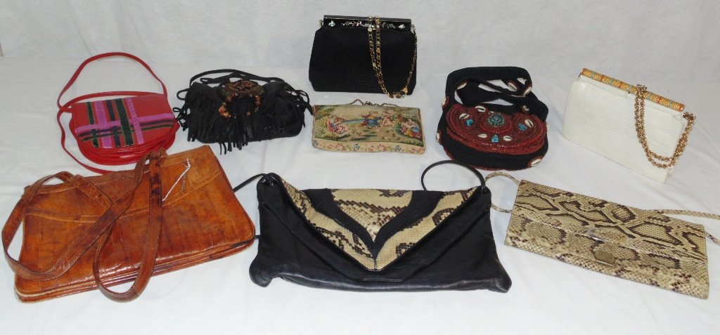 8 Vintage Leather Hand Bags/Purses: 8 Vintage Leather Hand Bags/Purses. Great collection of vintage Hand Bags by Carlos Falchi,George Baring Paris with Inlaid Mother pearl handle,Koret,Rosenfeld and a Ell Skin from Sam Jin Ind Company.L