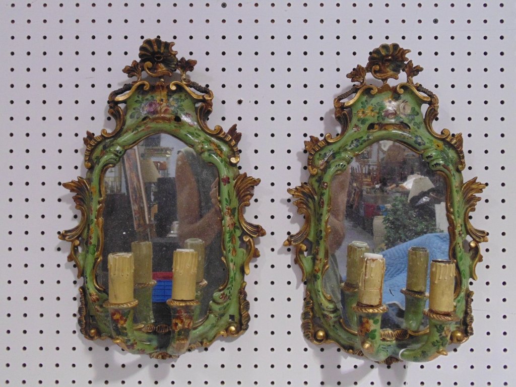 Pair of Fine 19th C. Venetian Mirrored Sconces: Pair of Fine 19th C. Venetian Mirrored Sconces.A great early pair, hand painted with floral decorations throughout with each having two lights with a flower carving at top.Each is app. 19" tall,app. 1