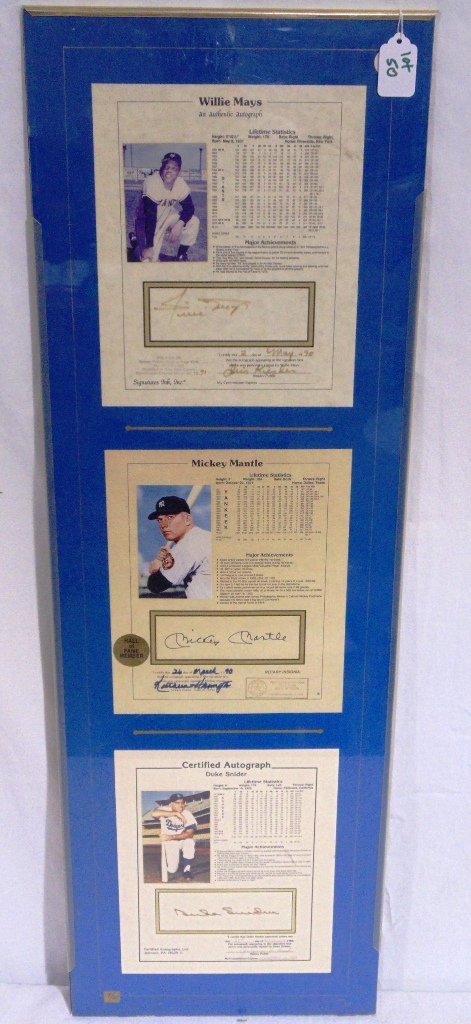 Mickey Mantle,Willie Mays & Duke Snider Signed Statisti: Mickey Mantle,Willie Mays & Duke Snider Signed Statistics. Each signed and dated. Mays on May 2nd 1990, Mantle on March 26th 1990 and Snider on November 28th 1984.Each with siginture and picture on ea