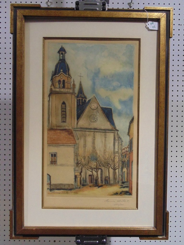 Maurice Utrillo (Fr.1883-1955) Color Aquatint, Signed: Maurice Utrillo (Fr.1883-1955) Color Aquatint, Signed.Great early color Aquatint, titled L'Eglise de Limours.Signed lower right and of a edition of 200 and this being 160.Jacques Villon SCI lower righ