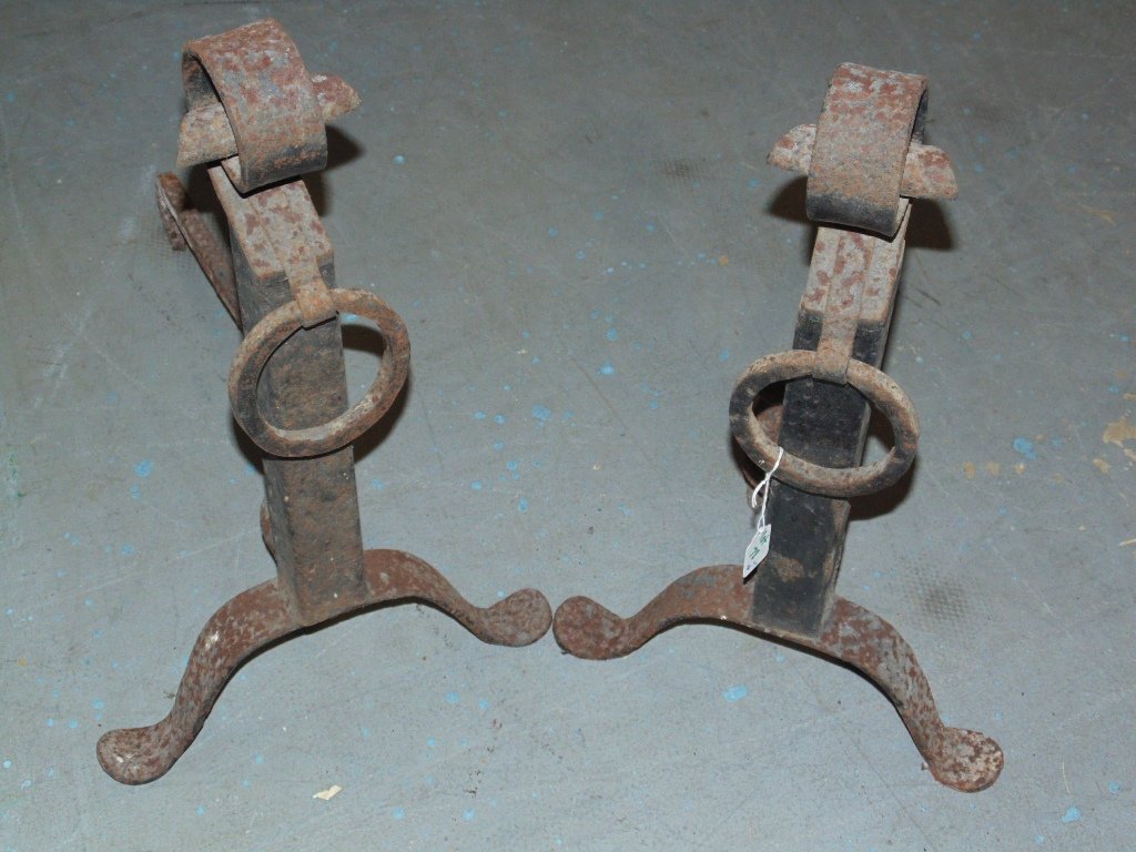Pair 18/19th C. Hand Wrought Andirons: Pair 18/19th C. Hand Hammered Andirons. Great early pair with large ring supports on front of each. Each is app.22 1/2 Tall and long.
