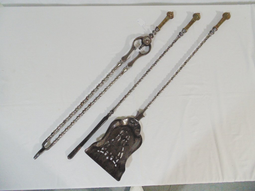 19th C. 3 Pc. Ornate Bronze & Iron Fire Place Tools: 19th C. 3 Pc. Ornate Bronze & Iron Fire Place Tools. Set has a Shovel 33 1/4" long with matching Tongs and Poker.