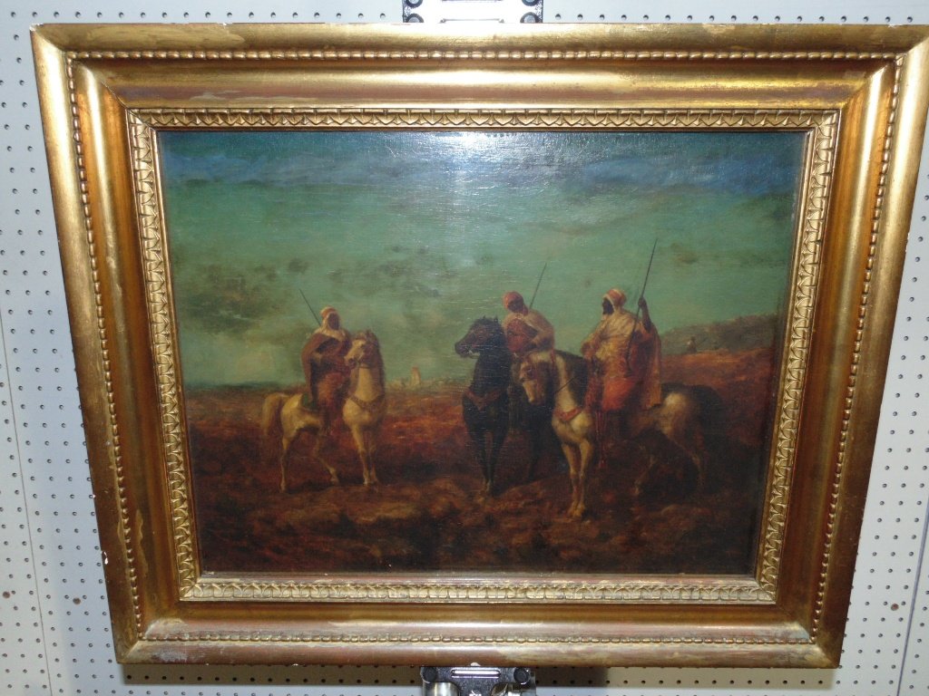 19thC. Orientalist Signed Oil on Board: 19th C. Orientalist Signed Oil on board. Great painted of 3 Arabian Men on horse back. Signed lower left indistinctly.In a Lattice backed frame.Oil is app.15 3/4" tall and app.20" wide.Frame is app.21