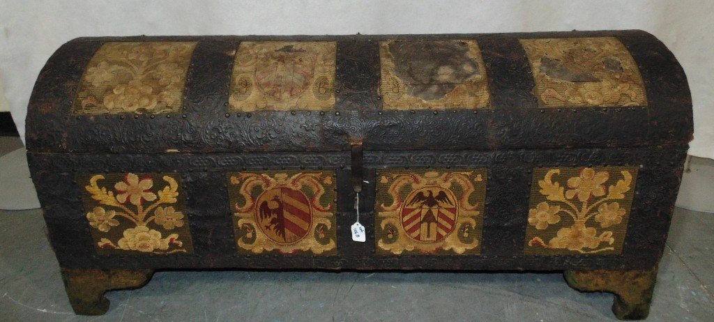 18/19th C. Spanish / Russian Dome Top Trunk: 18/19th C. Spanish / Russian Dome Top Trunk.Great dome top trunk with needle point panels with shields with Eagles. Trunk is app.50 1/2" long, 24" tall and 16" deep.