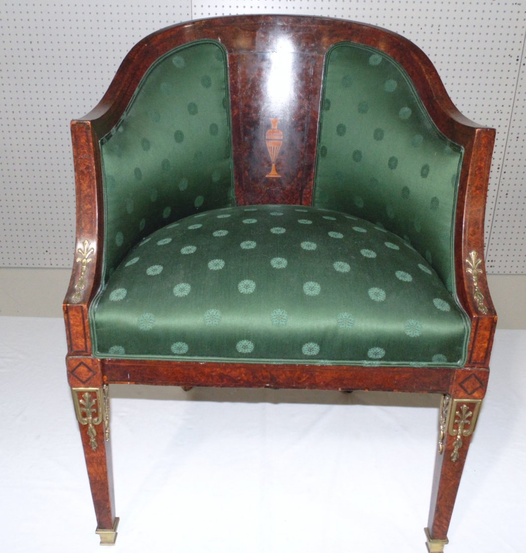 18/19th C. Italian Burl Wood Inlaid Bronze Mount Chair: 18/19th C. Italian Burl Wood Inlaid Bronze Mount Chair.Great chair with string inlaid's and a Double Handled Urn to center of back,with bronze mounts on arms and legs,Stands 32 5/8" tall,23 1/4" wide 