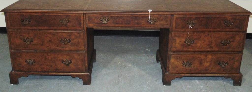 Vintage Baker Furniture Double Pedestal Desk / Credenza: Vintage Baker Furniture Double Pedestal Desk / Credenza.Great early Chippendale style with 3 drawers to each side with smaller center drawer. Stands 30 1/2" tall,89" long and 18 1/2" deep.