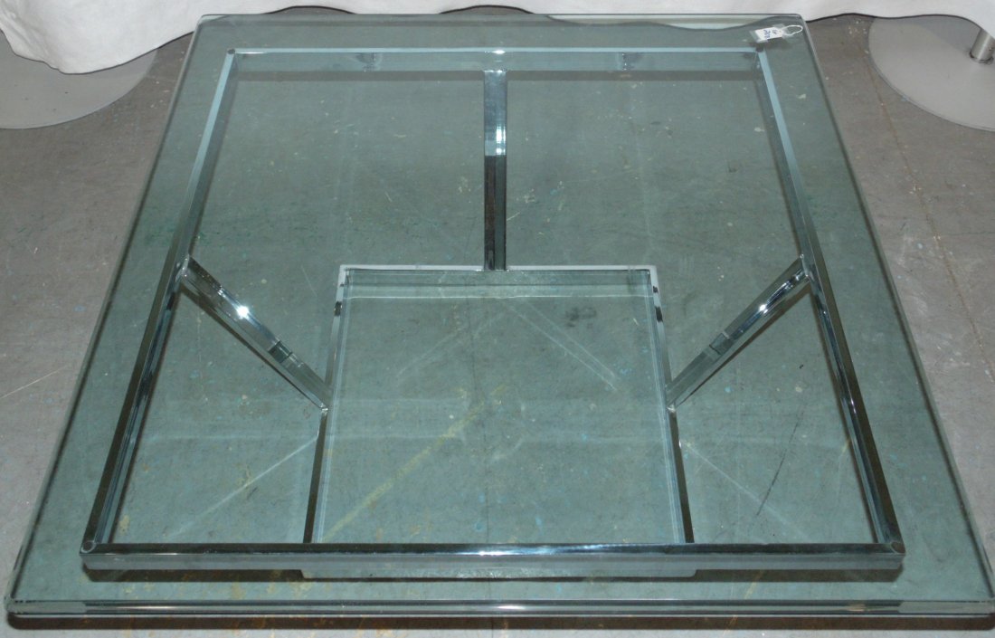 Mid C. Modern Milo Baughman Chrome Coffee Table: Mid C. Modern Milo Baughman Chrome Coffee Table.Great table with a geometric style base in the manner of Baughman.Table is 34" square base with a 40" square beveled glass top, 3/4" thick.