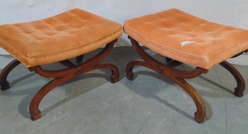Pair of Modern X Bench Stools by Tomlinson Furniture Co: Pair of Modern X Bench Stools by Tomlinson Furniture Company for Mr. Harry Radon. Each with a orange style fabric and each is 19" tall,27" long and 21" deep.