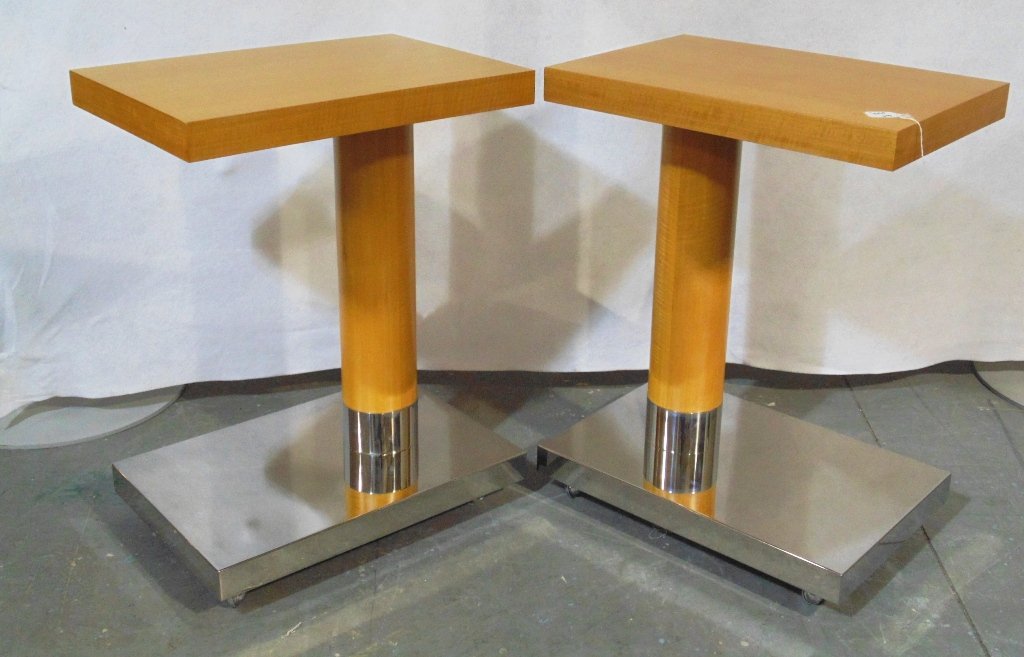 Pair Mid C. Modern Chrome & Wood Table by Decca: Pair Mid C. Modern Chrome & Wood Table by Decca Furniture.Each on chrome casters with a chrome base, tray style top.Stands 29" tall,15" wide and 22" long.From The Fountain Bleau Hotel, Miami.Brand Kne