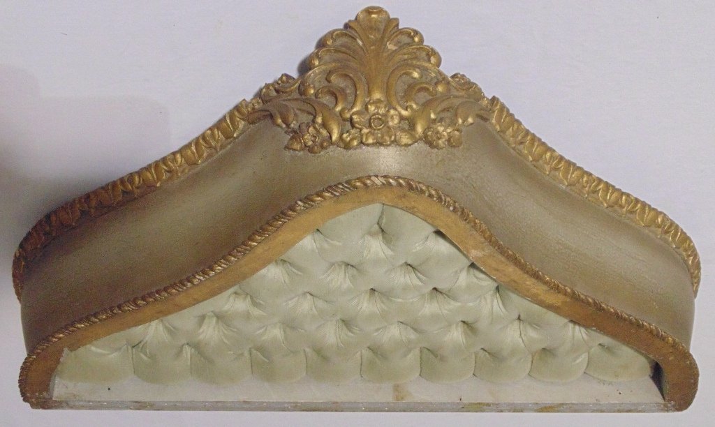 19th C.Italian Carved Over Bed Crown: 19th C.Italian Carved Over Bed Crown with a fine silk button tucked upholstery. App.23" wide,12 1/4" deep and 5 1/2" tall.