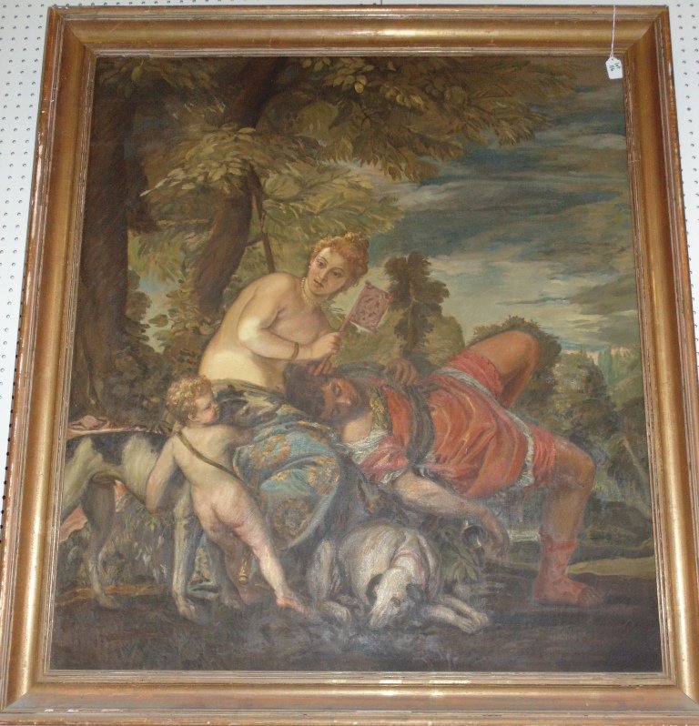 19/20th C. Italian School Oil on Canvas,: 19/20th C. Italian School Oil on Canvas,Great early oil painting of a part nude female with a male figure over her legs with a Child with his Dogs, Painting is 43 5/8" tall,38 1/4" wide.Frame is 49" x