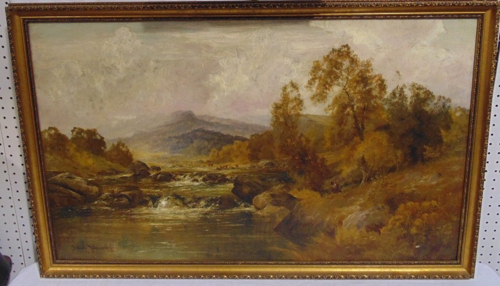 Sidney Yates Johnson (BRITISH) Oil Mountains & Stream: Sidney Yates Johnson (BRITISH) Oil Mountains & Stream.Signed lower left and painting is app.39 1/2" wide,23 1/2" tall, Frame is 42" x 27" tall.