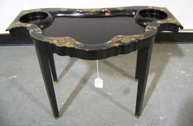 Early Jennens & Bettridge London Paper Mache Table: Early Jennens & Bettridge London Paper Mache Table. Signed on base.Table is 28 3/4" long,16" deep and 18" tall.Top is hand painted with floral design.