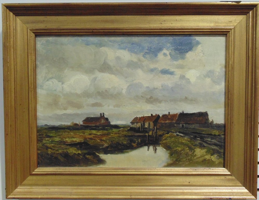 Charles Paul Gruppe (American/Dutch, 1860-1940),Oil: Charles Paul Gruppe (American/Dutch, 1860-1940),Oil.A Fine oil on board of Country houses with a small pond. Signed lower right.14 1/8" x 10 1/8"Frame is 17 3/4" x 13 3/4" tall.