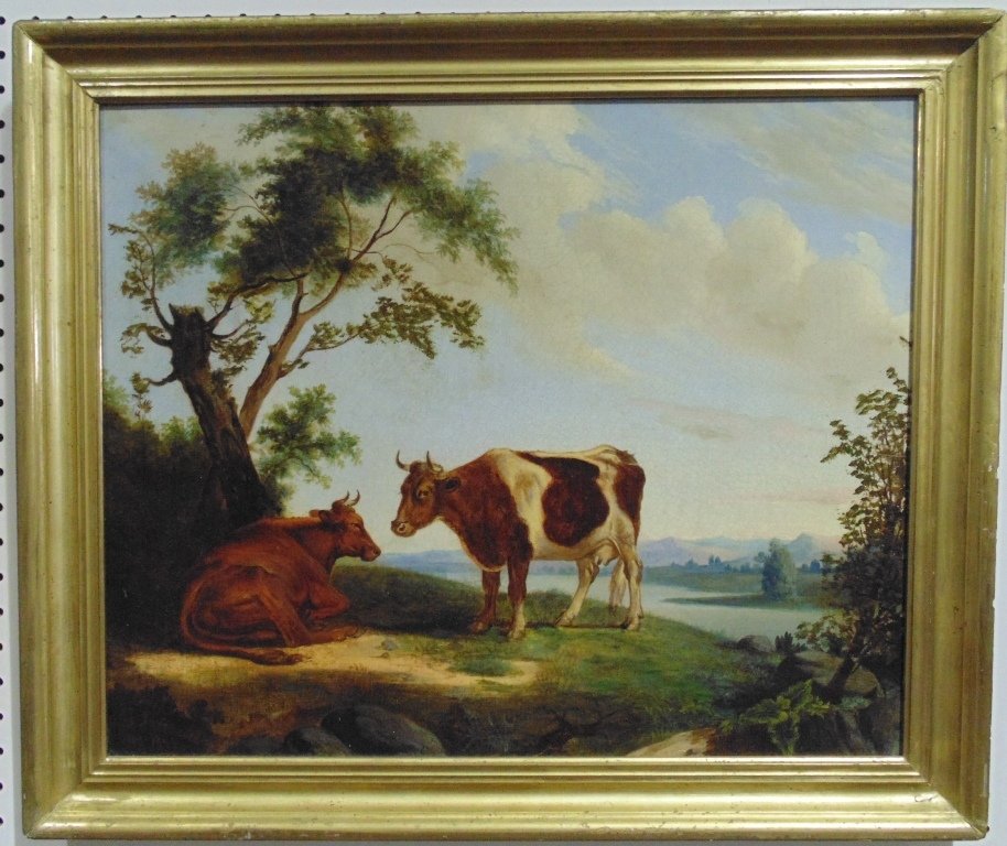 19th C. Signed Davidson Oil of Cows, 1849: 19th C. Signed Davidson Oil of Cows.Signed lower left and dated 1849Great oil on board painting of Cows in a landscape background.Painting is app.22 1/8" x 18" tall, Frame is 26 1/4" x 22" tall.