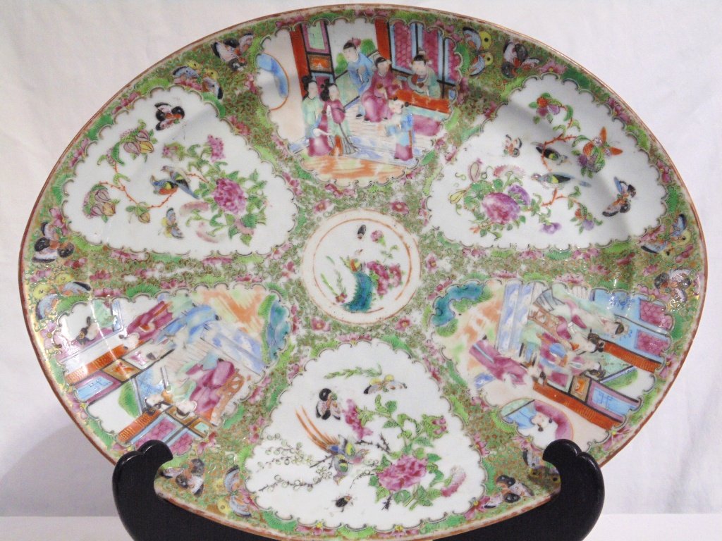 Large 19th C. Chinese Famille Platter/Charger 16": Large 19th C. Chinese Famille Platter/Charger 16".Great early hand painted charger with 6 panels with paintings of Elders,Birds, Butterfly's, Beetles, Fruit and so much more. Platter/ Charger is app.1