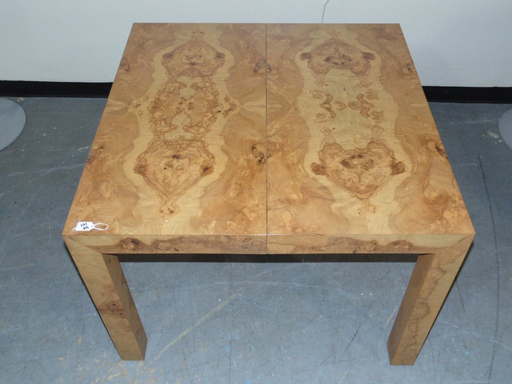 Milo Baughman Olive Wood Games's Table / Dining Table: Milo Baughman Olive Wood Games's Table / Dining Table.Great table my Milo Baughman that can be used as a Games table or Dining table,Closed is 39" Square and having two 19 1/2" leafs.Stands 28 3/8" ta