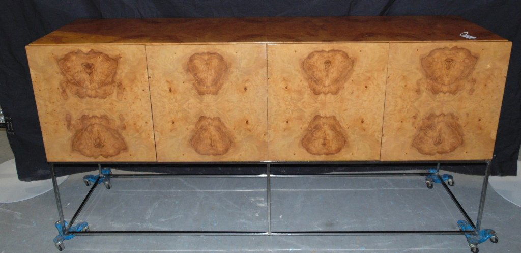 Milo Baughman Olive Wood Credenza: Floating Credenza by Milo Baughman - Burled walnut or Olive Wood with chrome base. Fitted interiorHeight (Inches): 34.5Width (Inches): 72Depth (Inches): 18