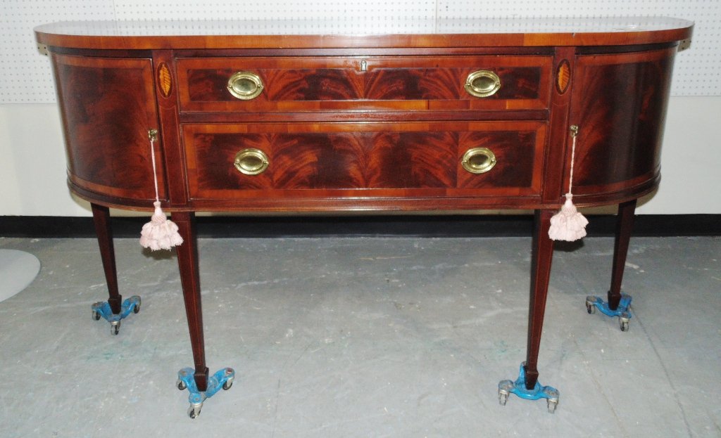 Chippendale Style Mahogany Inlaid Sideboard by Hekman: Chippendale Style Mahogany Inlaid Sideboard by Hekman.Great sideboard with fine inlaid's throughout with inlaid's of shell on front.Has 2 drawers and 2 curved side doors. Height is 37" tall,68" long a
