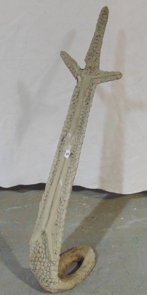 Raphael Samuel Modern Garden Sculpture, Crucifix???: Raphael Samuel Modern Garden Sculpture, Crucifix???.Made from wire,iron and concrete.Great sculpture of what looks to be Jesus on the cross.Signed on base with initials and dated 77.Stands app.55" tal