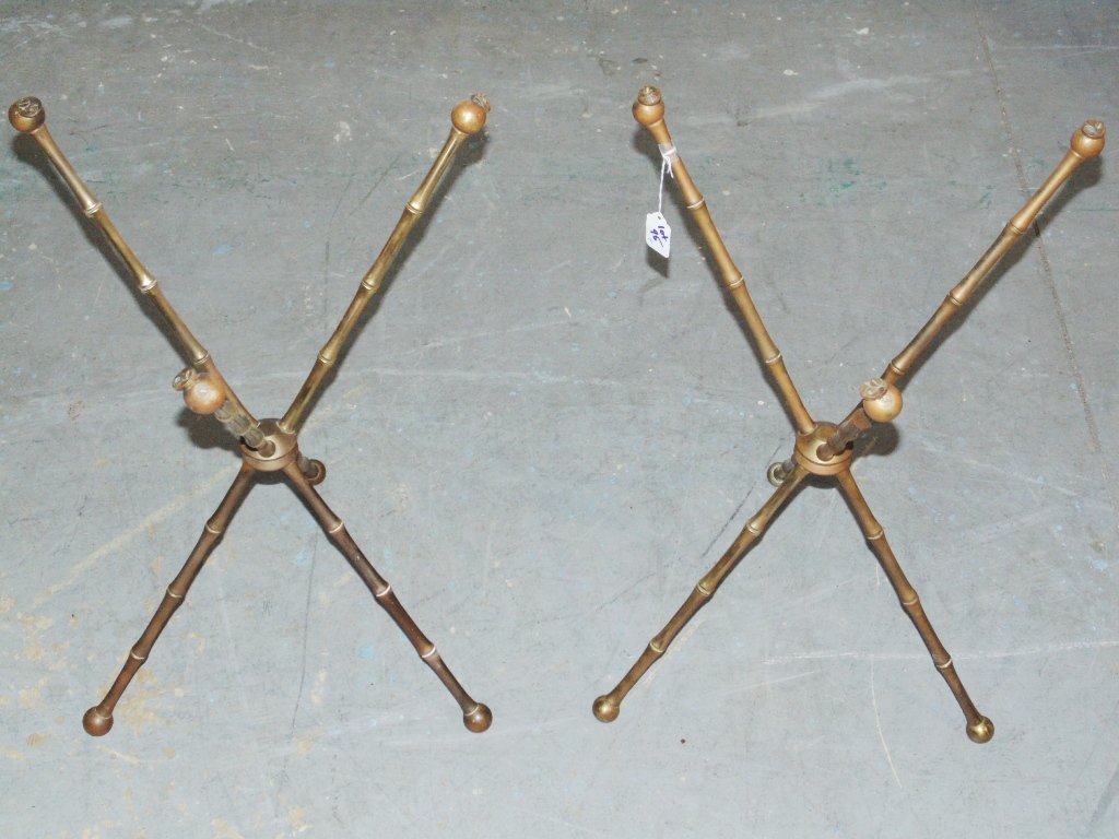 Pr. BRONZE BAMBOO FORM MARBLETOP TABOURET STANDS,JANSEN: Pair BRONZE BAMBOO FORM MARBLE TOP TABOURET STANDS.Great early pair of tables made from Bronze or Brass in a Bamboo form, each is app.23 1/4" tall and app. 15" deep.MISSING TOPS as shown.