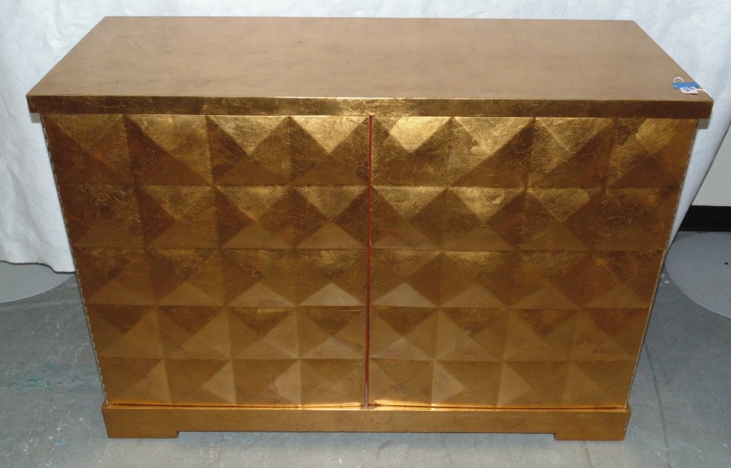 Barbara Barry for Baker furniture 2 Door Gold Gilt: Barbara Barry for Baker furniture 2 Door Gold Gilt Wood Cabinet.Great Modern console with a fine Diamond point design in a fine gold gilt color.Console is 35 5/8" tall,49 1/4" long and 18 5/8" deep.