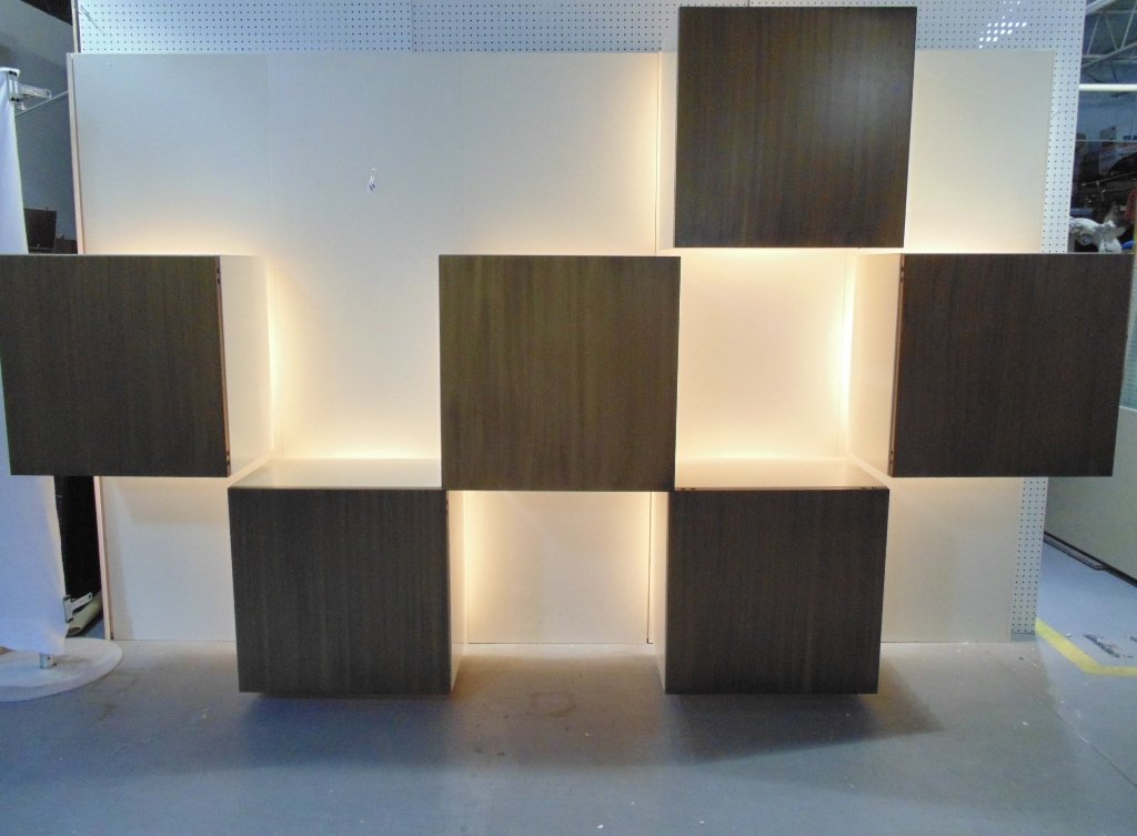 Roberto Monsani Galassia Wall System: Roberto Monsani, ACERBIS, Mid C. Modern Cubist Wall Cabinet,Bookcase in lacquered wood, wall cabinets with interior lighting.? Production Acerbis, Italy 1970 ca., App. 11'5 1/2" wide and app.7' 3/1/2"