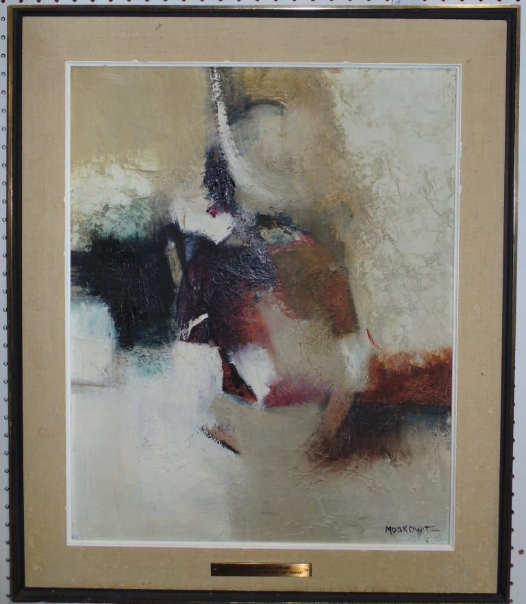 Robert S. Moskowitz (AMERICAN, 1935) Abstract Oil: Robert S. Moskowitz (AMERICAN, 1935) Abstract Oil on Board. Great abstract oil of a Conquistador, signed lower right, Has plaque on front from the " Bryan Memorial Award,Washington Square Outdoor Art