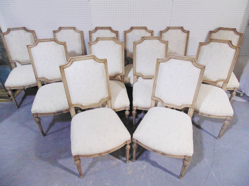 12 Fine Silk Upholstered Dining Chairs,French Style: 12 Fine Silk Upholstered Dining Chairs,French Style.Each is app.43 3/4" tall,18 1/2" wide and app.24" deep.