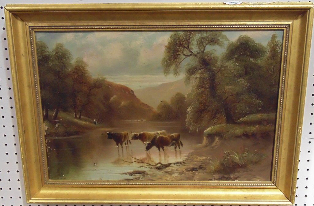 E.F. Watson, 19th C. Oil of Cows: E.F. Watson, 19th C. Oil of Cows.A oil painting with Cows in stream with figures on shore.Signed lower left,E.F. Watson??Painting is 23 1/4" x 15 1/4" tall ( has loss to paint and repair to verso as s