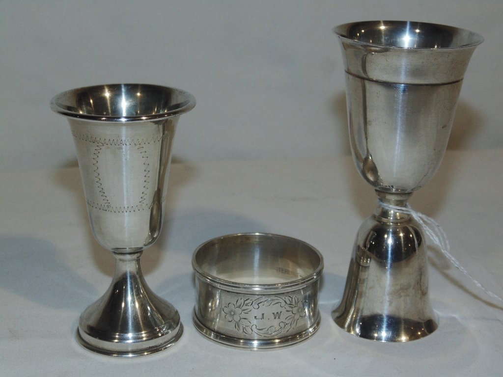 3 Pc. Sterling Lot, Kiddish Cup,Napkin Ring & Shot Beek: 3 Pc. Sterling Lot, Kiddish Cup,Napkin Ring & Shot glass.Kiddish cup is 3 3/8", Double shot is 4 1/4" tall with a 1 7/8". Total weight is 2.91 Troy ozs.