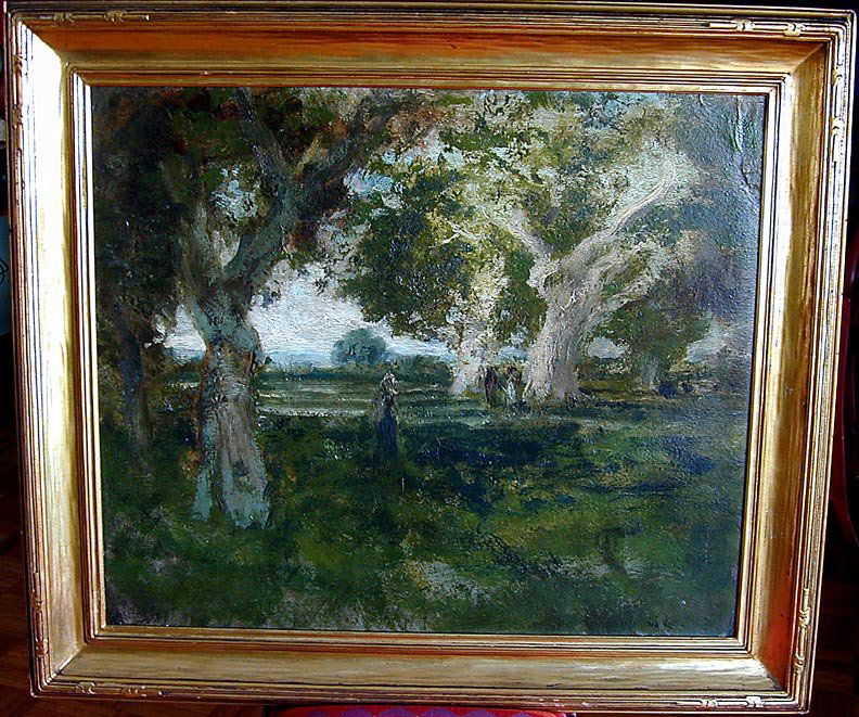William Keith (Amer 1838-1911) California Oil 1904: This fine American painting by important California artist William Keith (1838-1911.Title: "California Oaks with Figures" is a tonalistic oil on board depicting a verdant landscape with figures; hand-