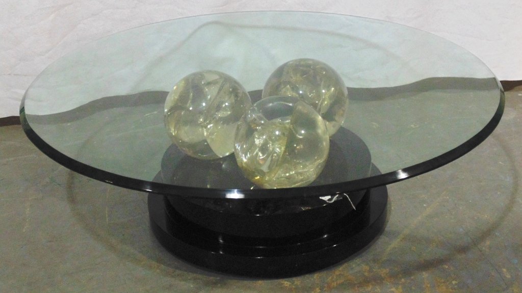 Mid C. Modern Cracked Ice Lucite Sphere Coffee Table: Charles Hollis Jones ??.Killer Mid C. Modern Cracked Ice Lucite Sphere Coffee Table.Great table with three large Lucite / Acrylic Sphere's resting on a Lacquered base. Each in a fine Cracked Ice style