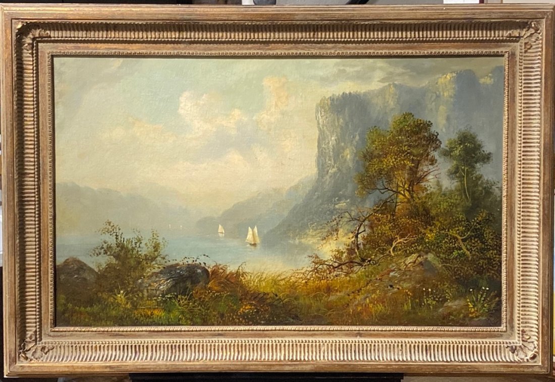 Large 19th century antique oil painting of coastal landscape with sailboats signed Michaels (1 of 12)